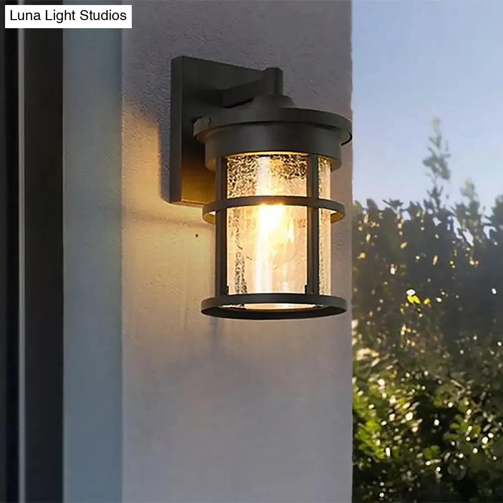 Outdoor Vintage Crackle Glass Cylinder Wall Sconce Lamp - 1 Light Black Fixture, 6"/8" Wide