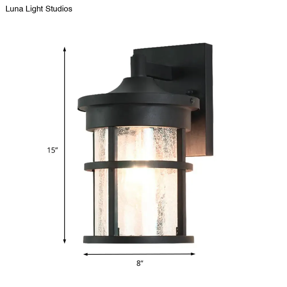 Outdoor Vintage Crackle Glass Cylinder Wall Sconce Lamp - 1 Light Black Fixture, 6"/8" Wide