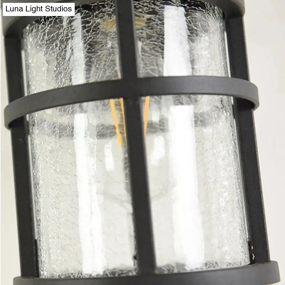 Outdoor Vintage Crackle Glass Cylinder Wall Sconce Lamp - 1 Light Black Fixture, 6"/8" Wide