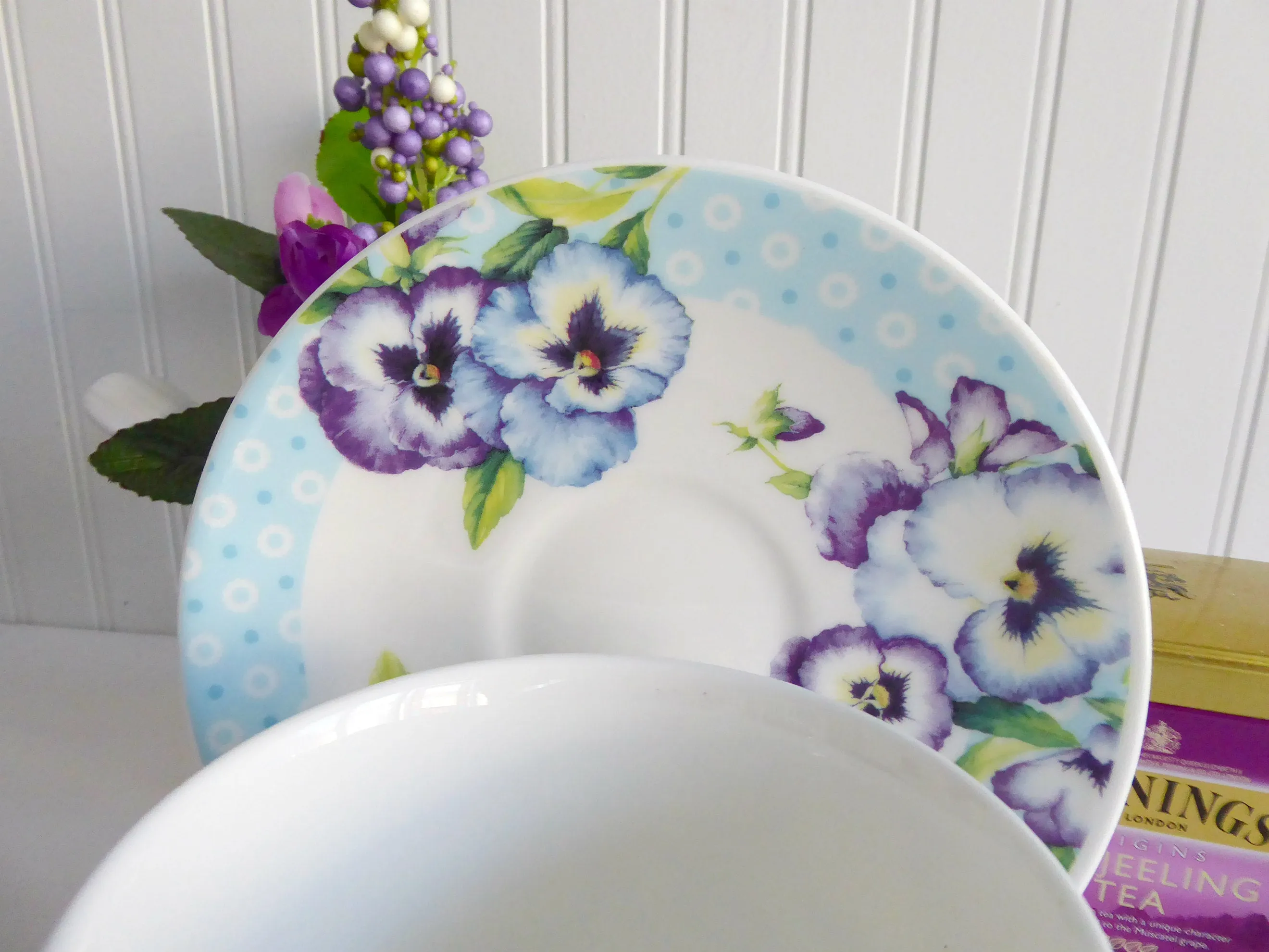 Pansy Garden Breakfast Size Cup And Saucer Roy Kirkham Blue Purple Pansies Bone China