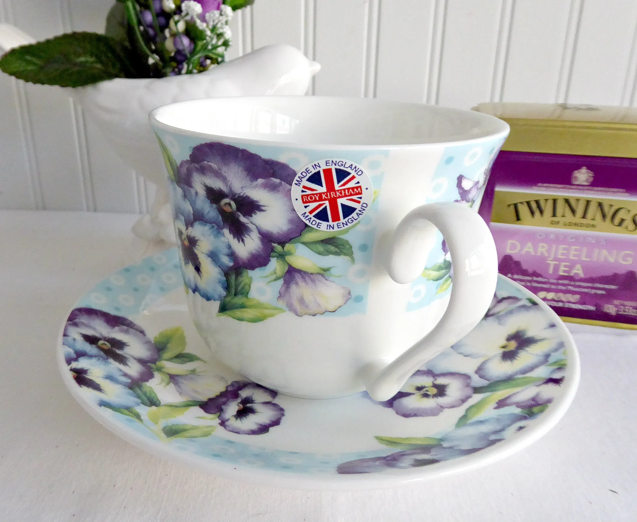 Pansy Garden Breakfast Size Cup And Saucer Roy Kirkham Blue Purple Pansies Bone China