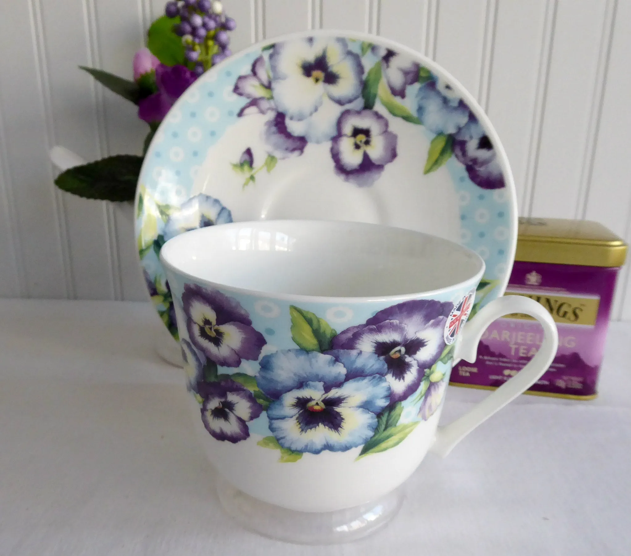 Pansy Garden Breakfast Size Cup And Saucer Roy Kirkham Blue Purple Pansies Bone China