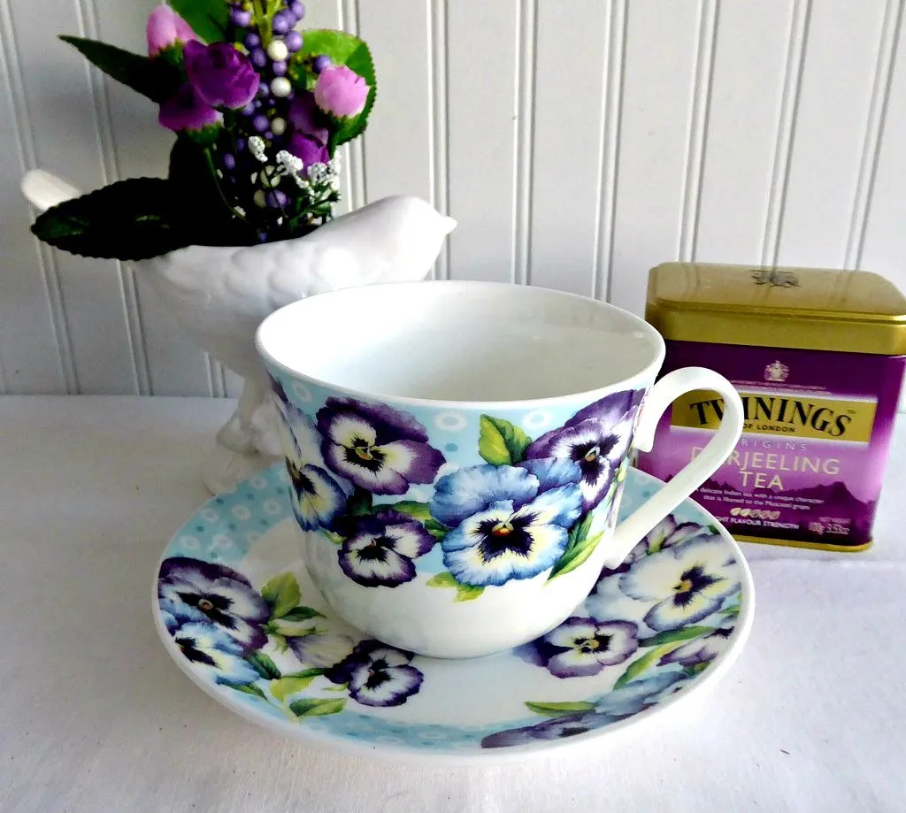 Pansy Garden Breakfast Size Cup And Saucer Roy Kirkham Blue Purple Pansies Bone China