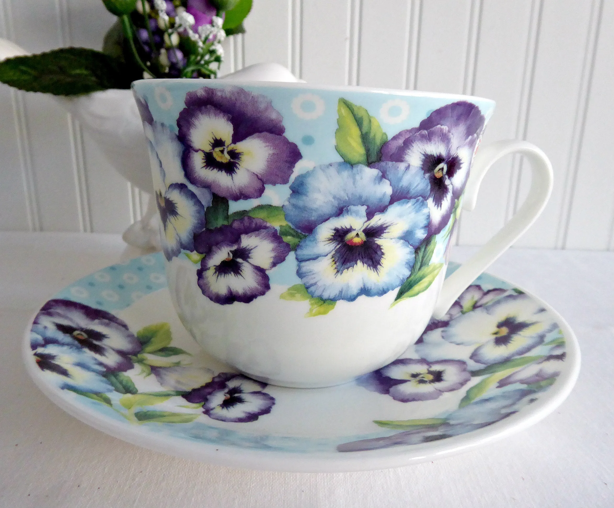 Pansy Garden Breakfast Size Cup And Saucer Roy Kirkham Blue Purple Pansies Bone China