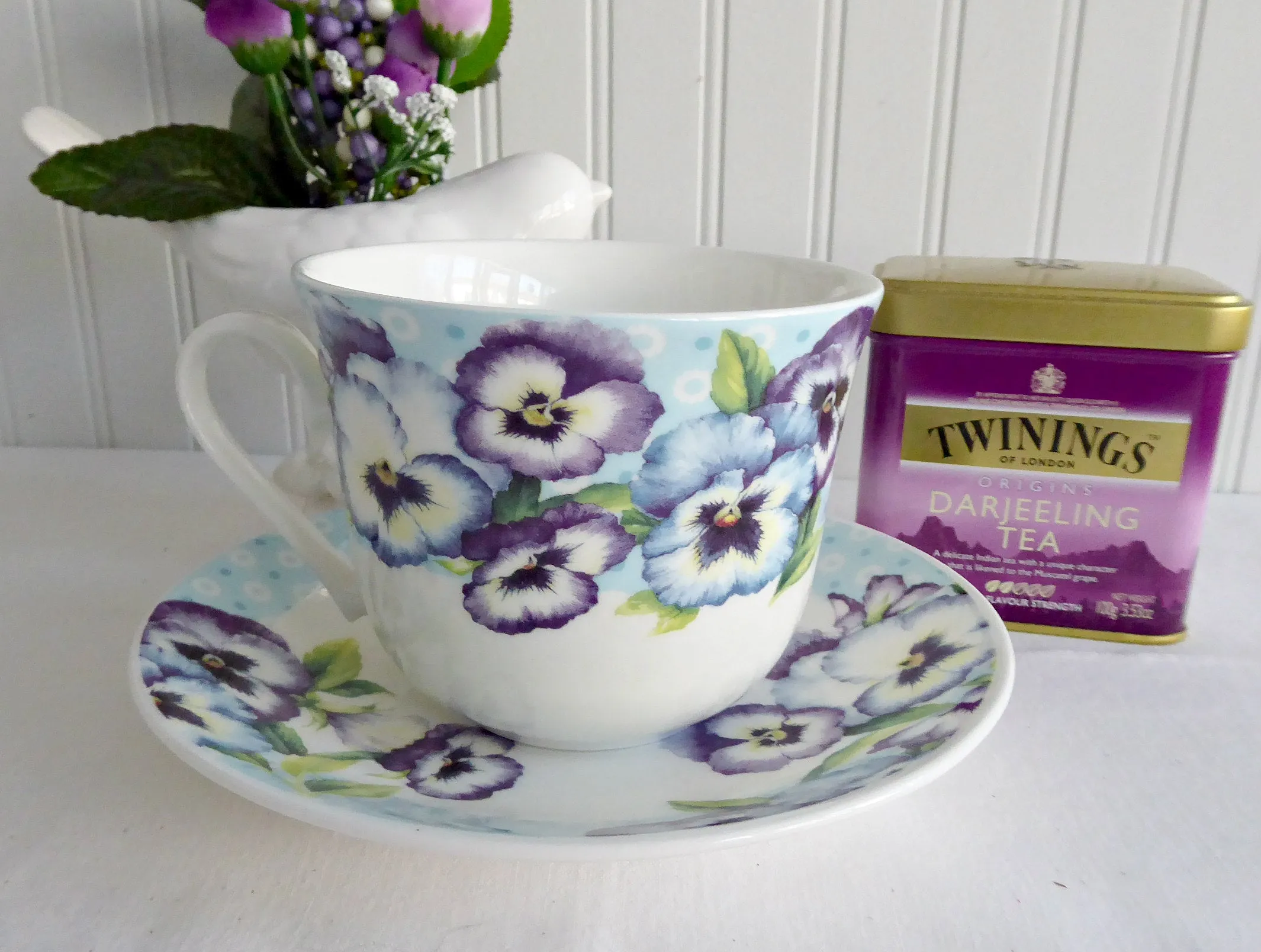 Pansy Garden Breakfast Size Cup And Saucer Roy Kirkham Blue Purple Pansies Bone China