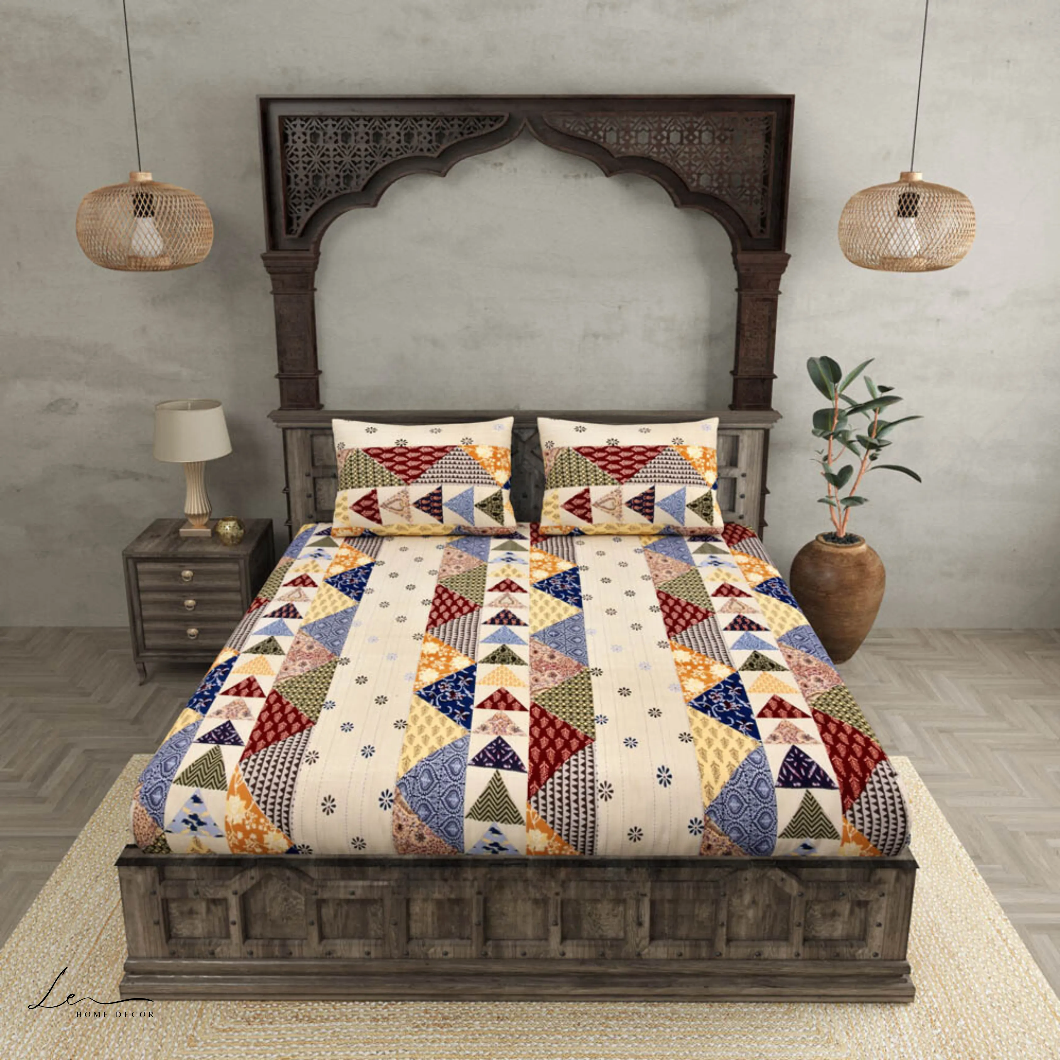 Pastel Twill Cotton Double Bedsheet With Colorful Patchwork Design