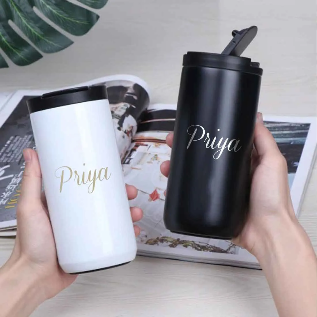 Personalized Coffee Tea Travel Mug Tumbler With Name Initials Monogram Engraved (400 ML)