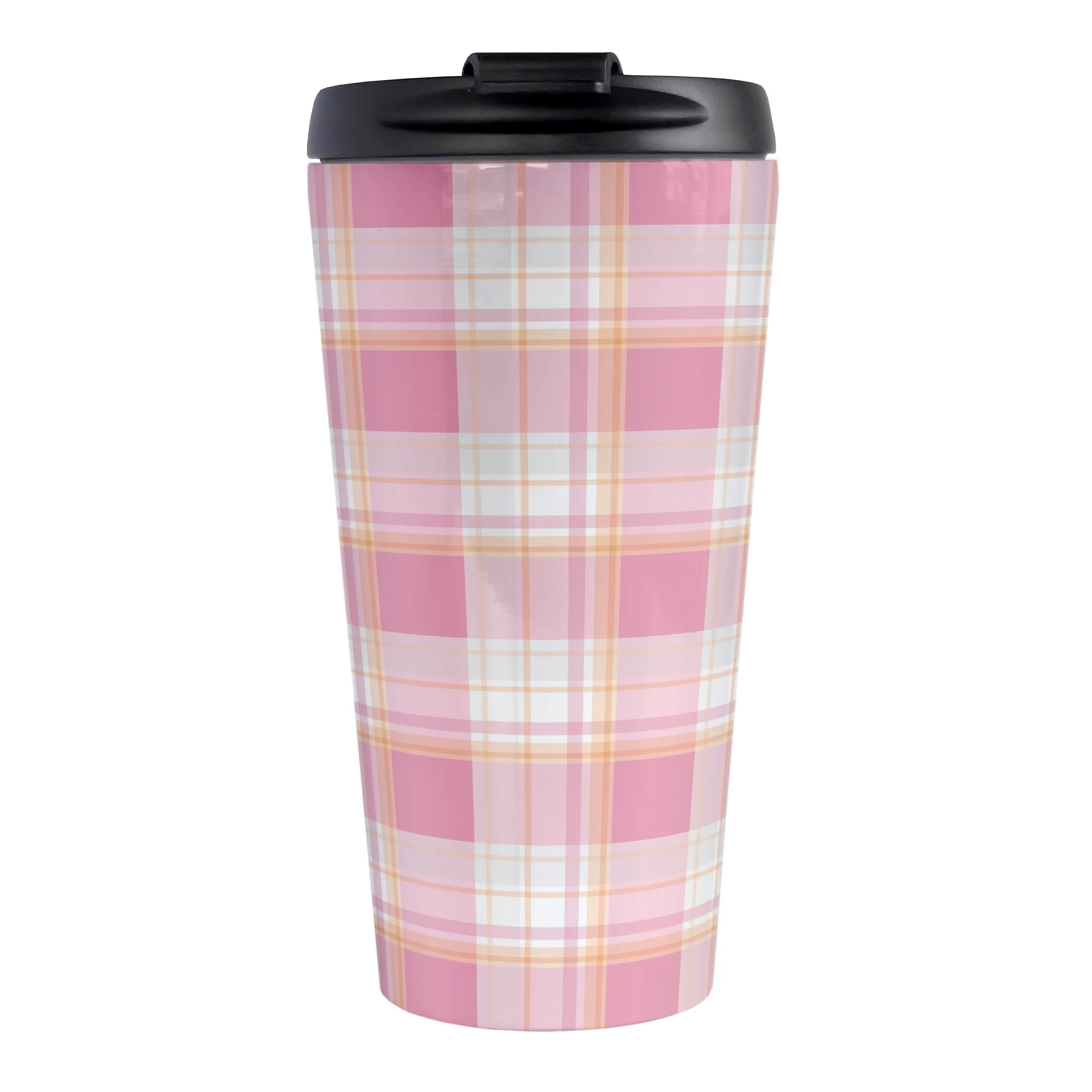 Pink Orange Plaid Travel Mug