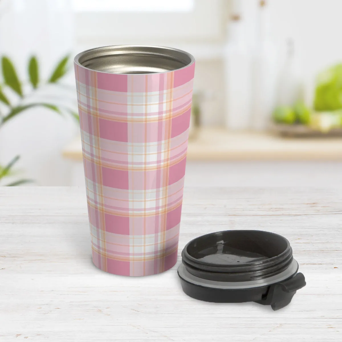 Pink Orange Plaid Travel Mug