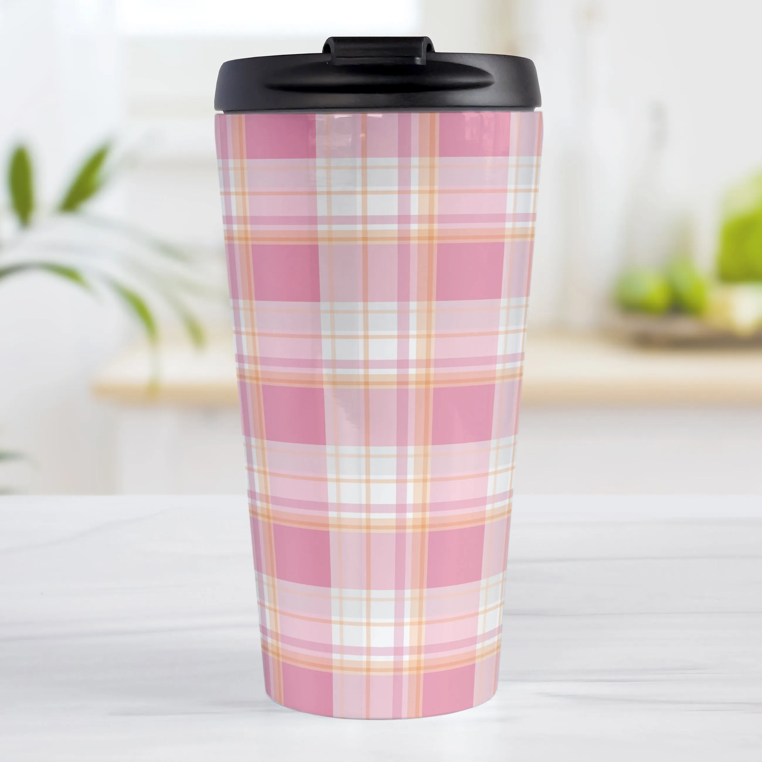 Pink Orange Plaid Travel Mug