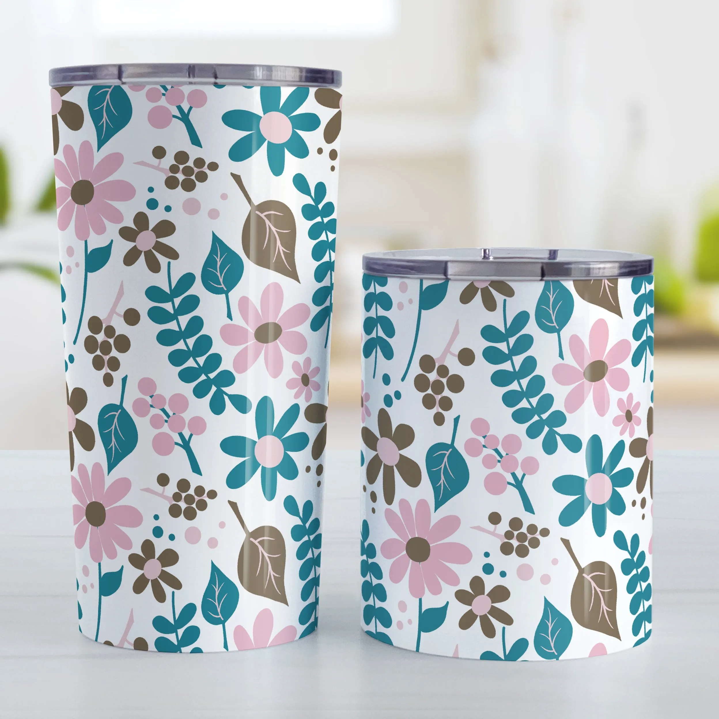 Pink Turquoise Brown Floral Pattern Tumbler Cup