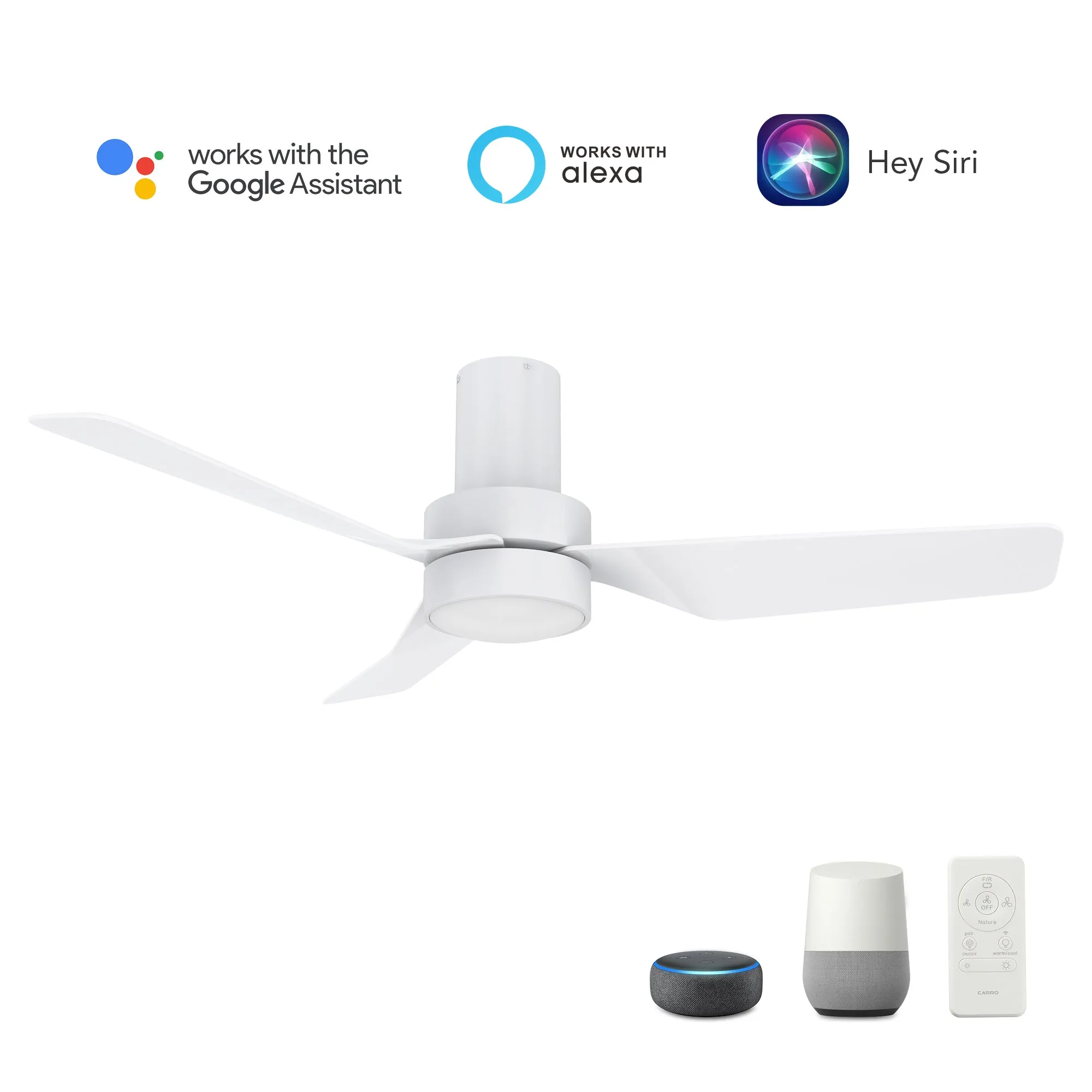 PORTER 44 inch 3-Blade Flush Mount Smart Ceiling Fan with LED Light Kit & Remote- White/White