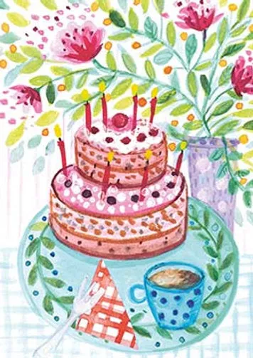 postcard - birthday cake, coffee and flowers