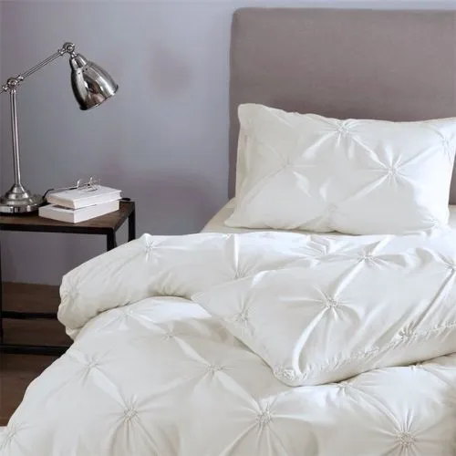 Premium 6 Piece King Size Duvet Cover Pinch Flower Design, Solid Off White.