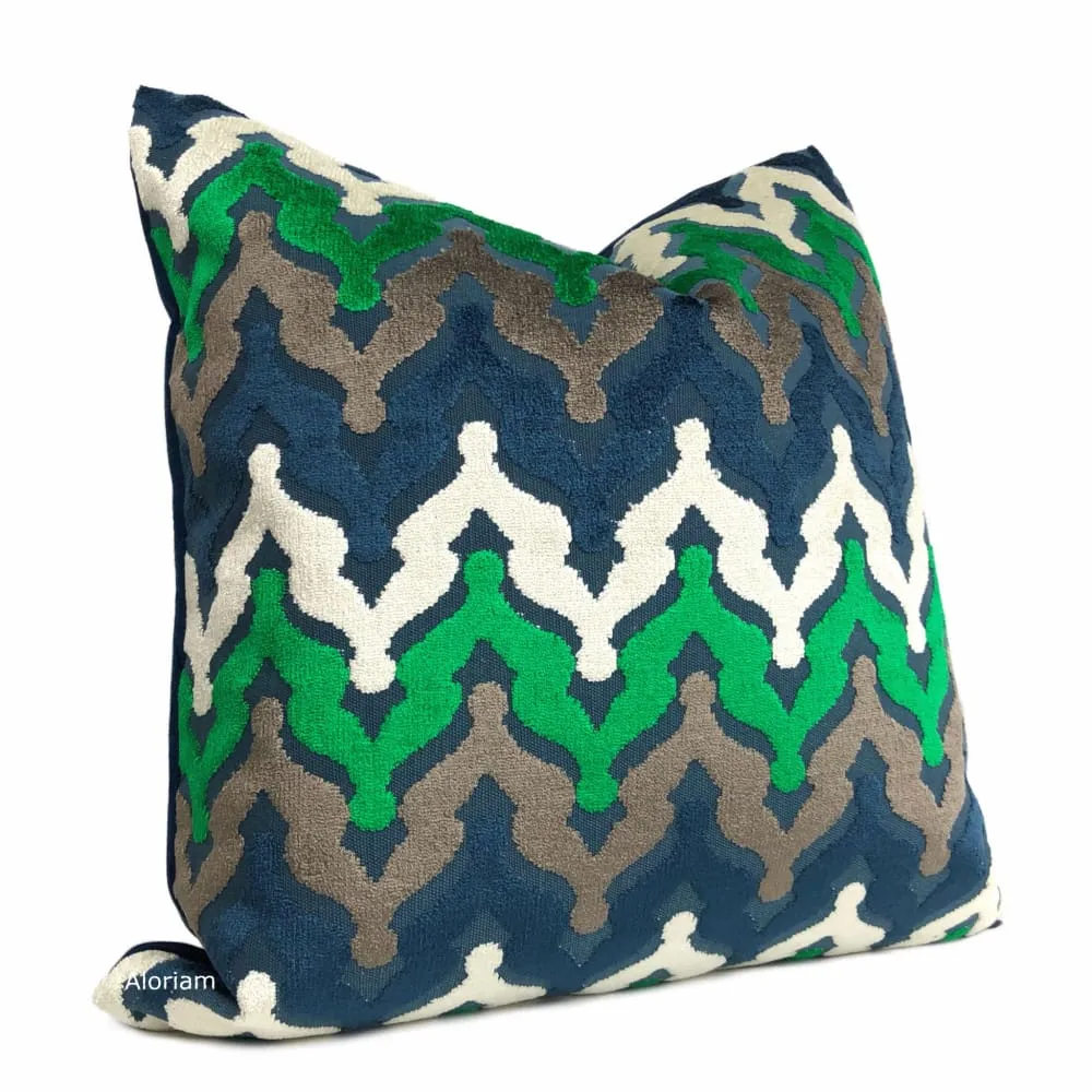 Preston Blue Green Brown Cut Velvet Small Ogee Waves Pillow Cover