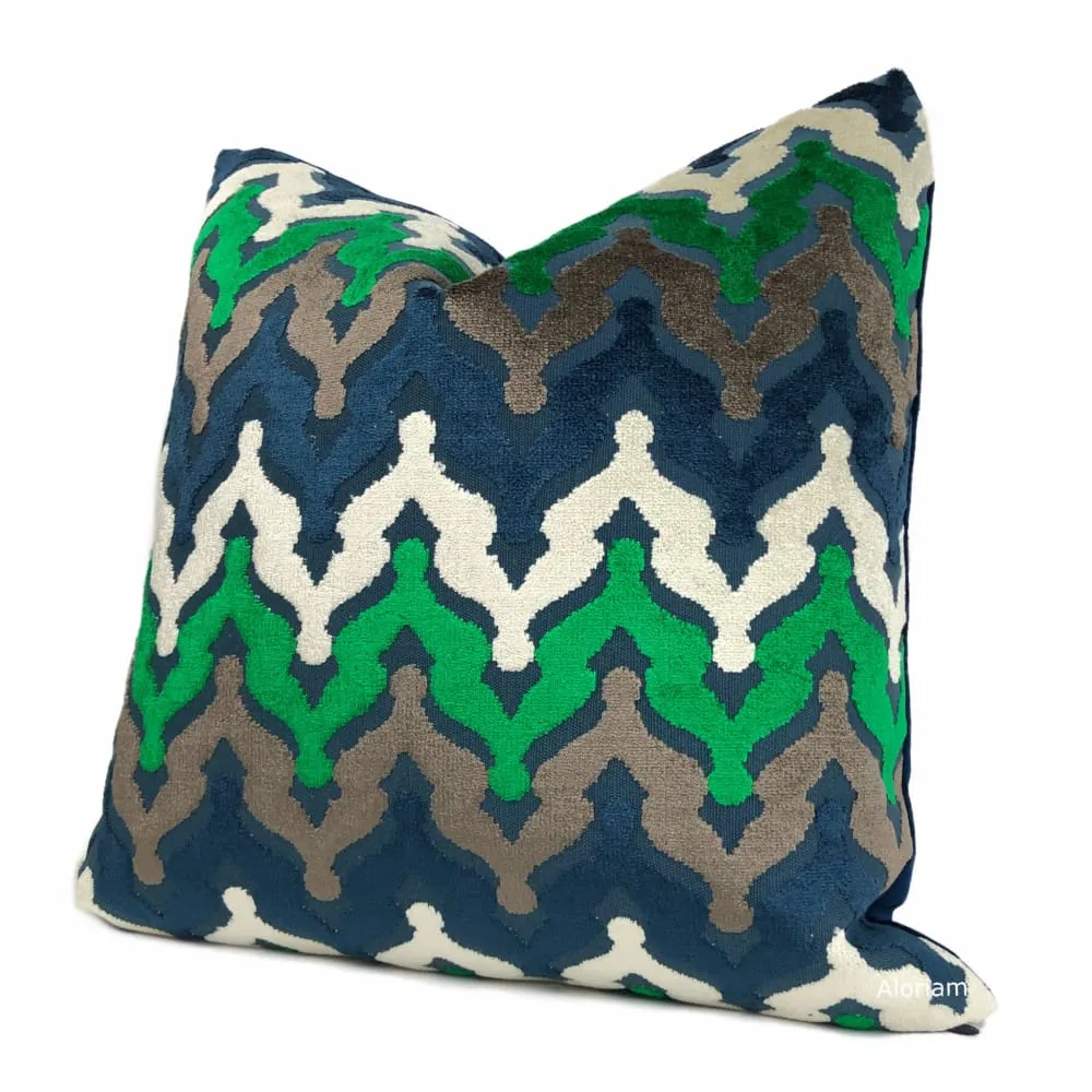 Preston Blue Green Brown Cut Velvet Small Ogee Waves Pillow Cover