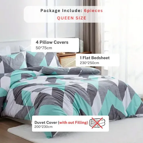 Queen/Double size 6 pieces Bedding Set without filler, Light Blue Geometric Design