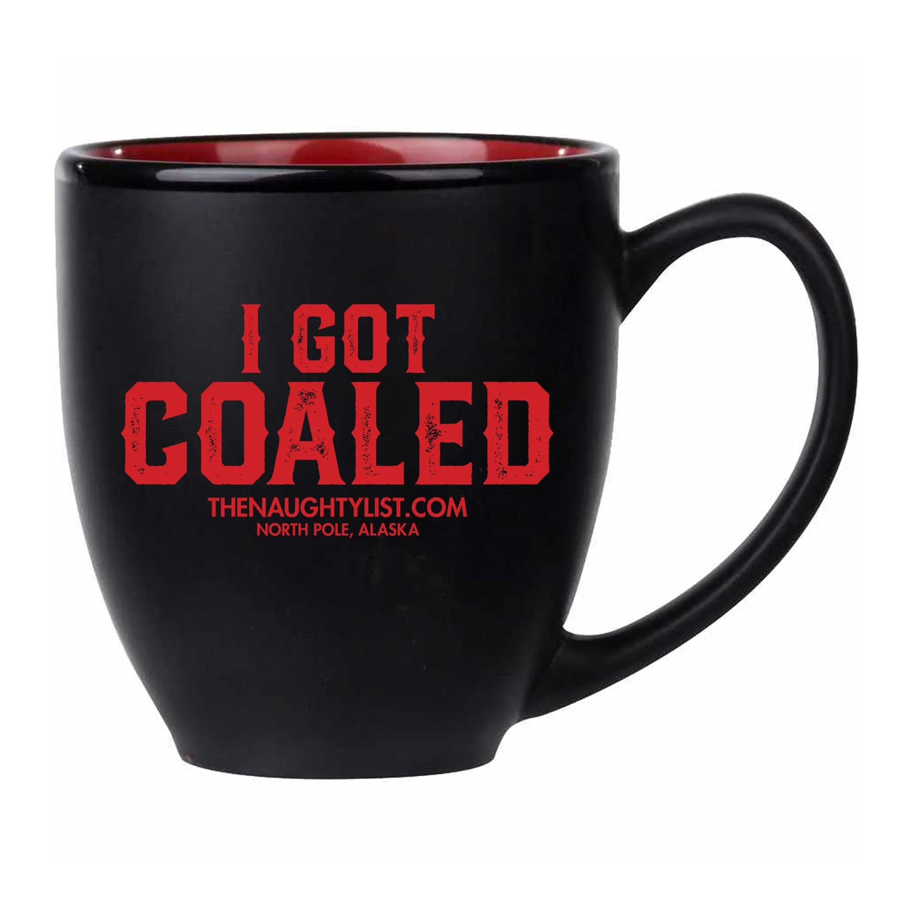 "I Got Coaled" Black Coffee Mug/Red Inner Finish Gift Set with Coal & Hershey Kisses