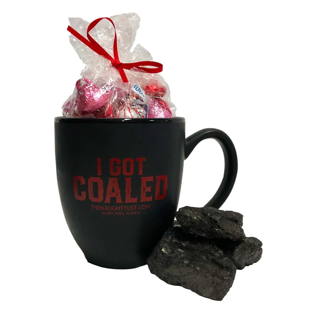 "I Got Coaled" Black Coffee Mug/Red Inner Finish Gift Set with Coal & Hershey Kisses