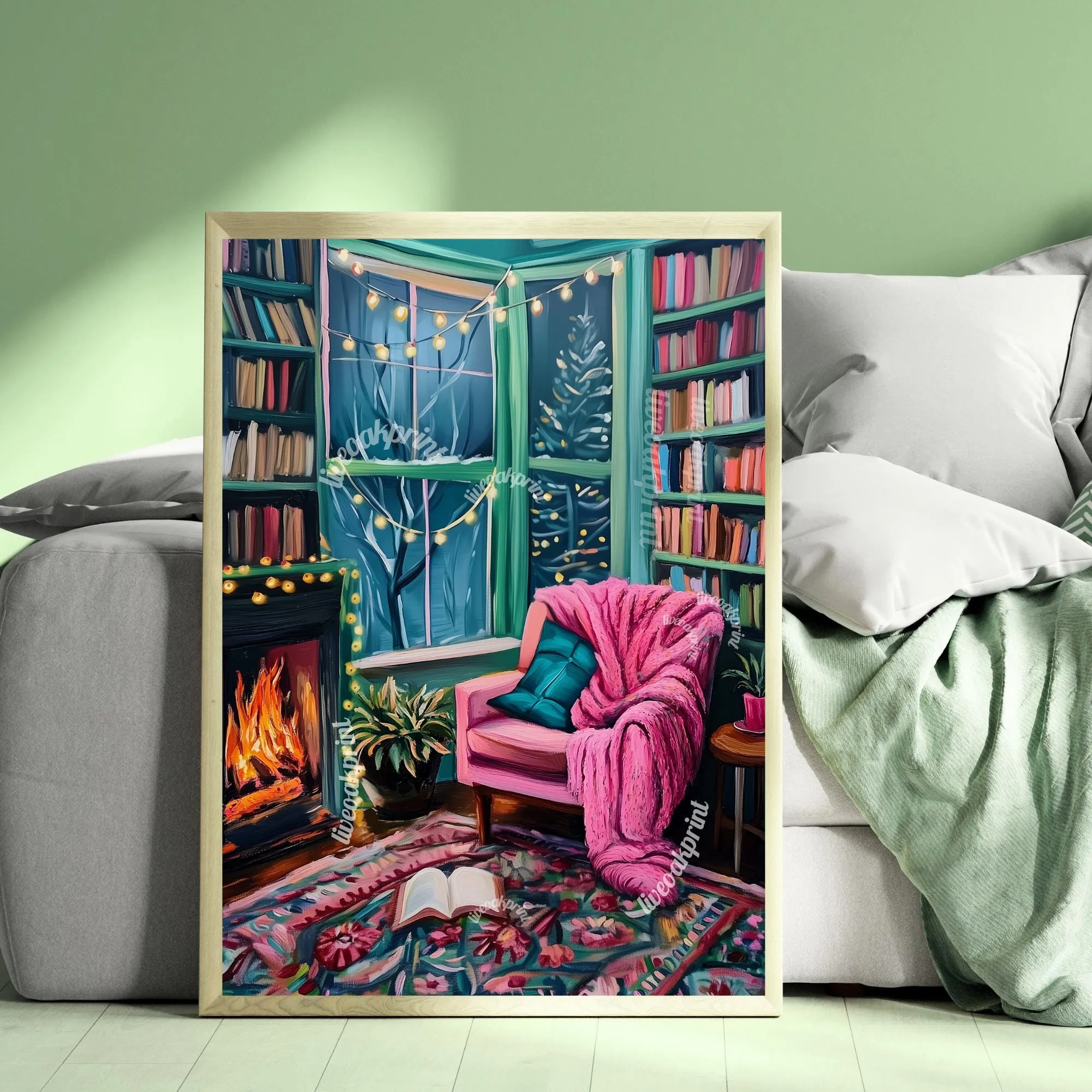 Reading by the Fire In Winter - Cozy Book Print - Winter Art - Fireplace Print - Bookish Decor - Book Merch - Christmas Winter Book Print