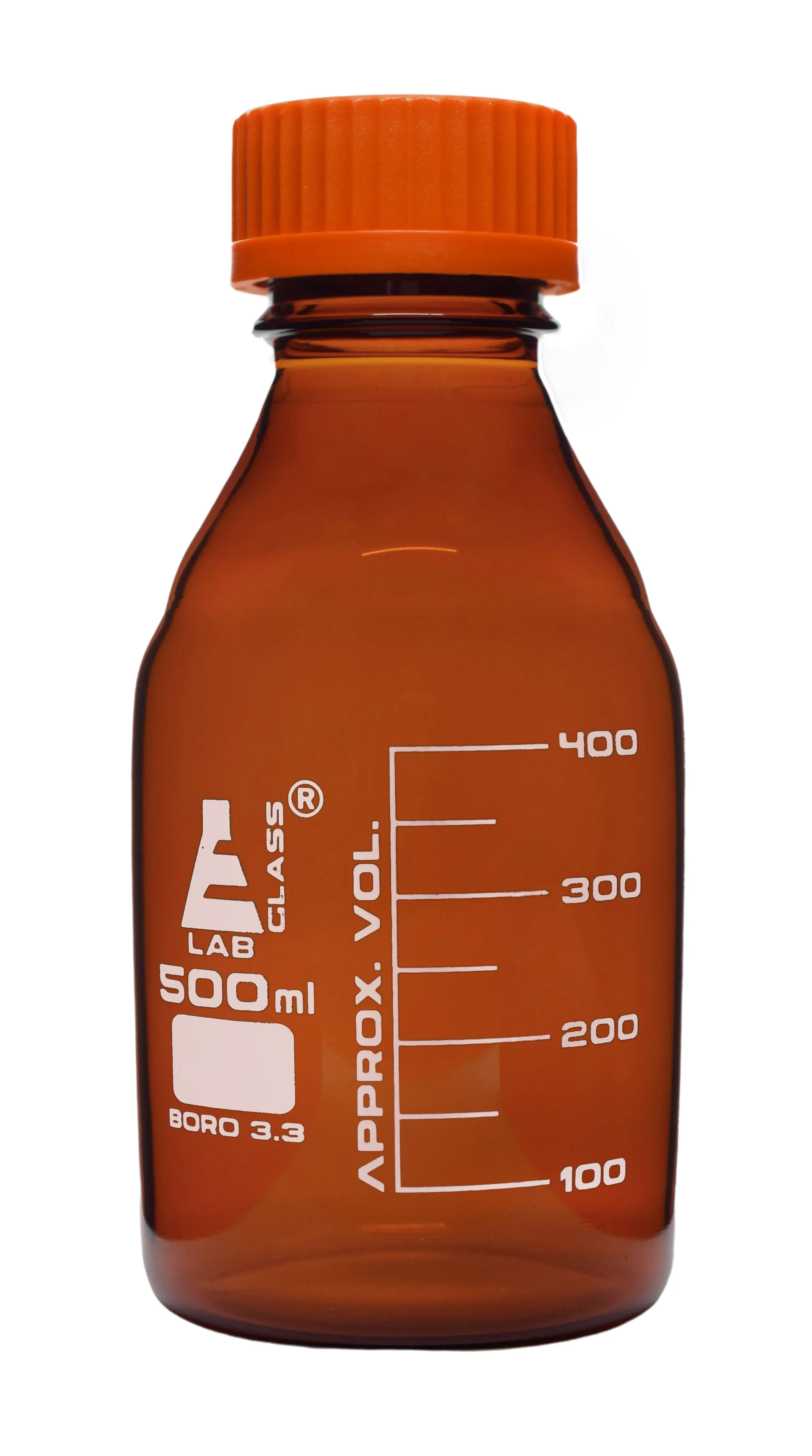 Reagent Bottle, 500ml - Amber Colored Glass - Orange Screw Cap - Borosilicate 3.3 Glass