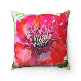 Red Girlie Floral Print Hibiscus Red Flower Designer Spun Polyester Square Pillow