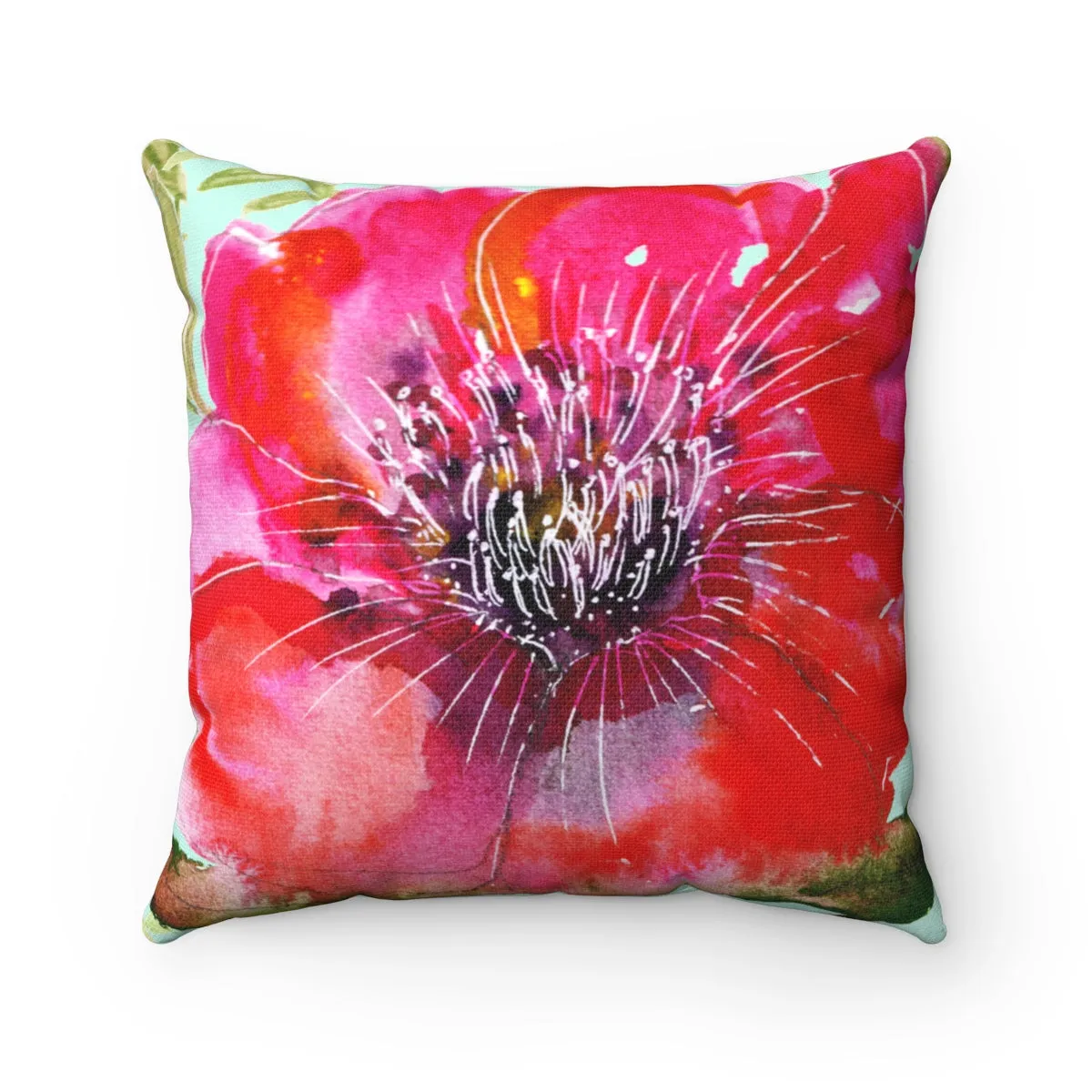 Red Girlie Floral Print Hibiscus Red Flower Designer Spun Polyester Square Pillow