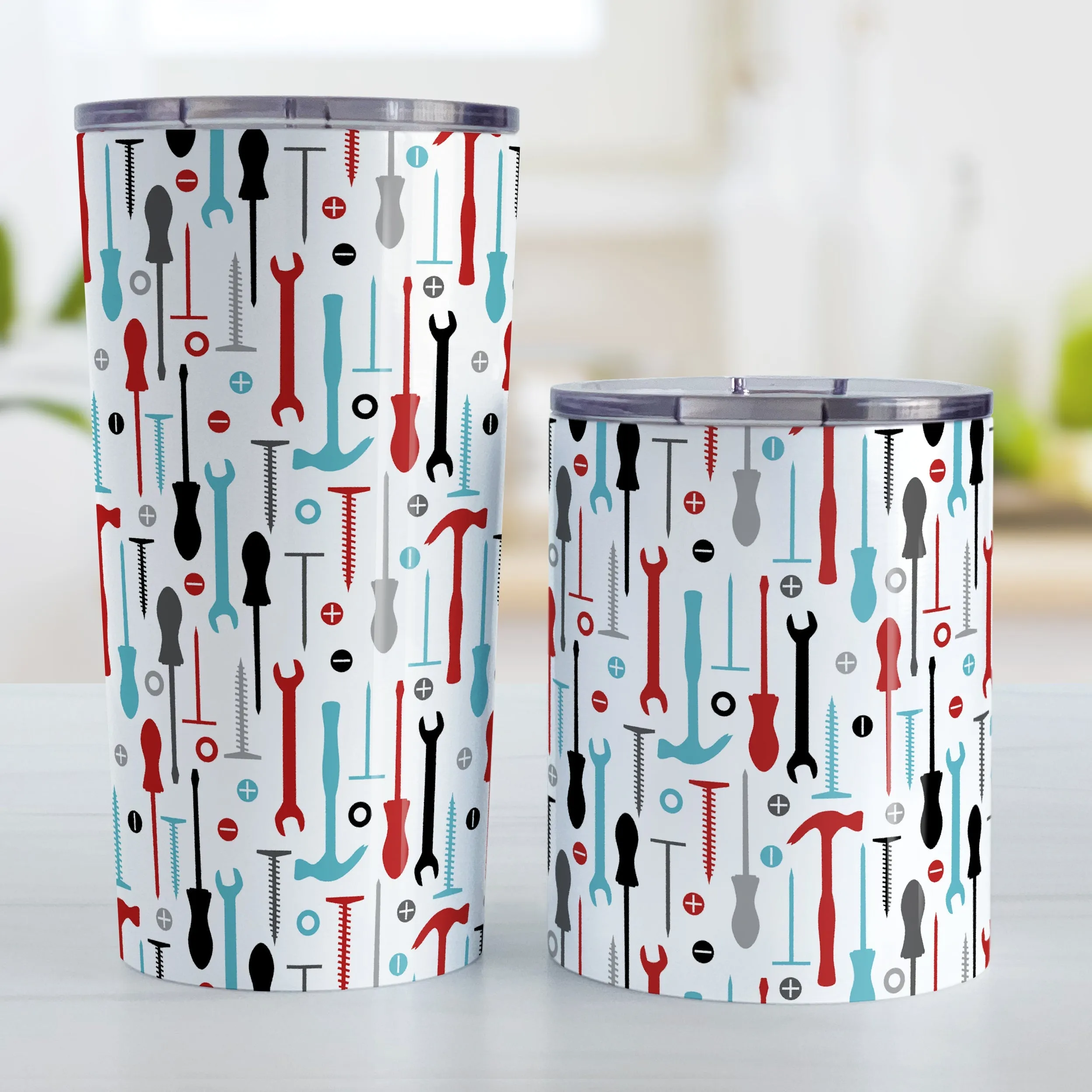 Red Turquoise Tools Pattern Tumbler Cup