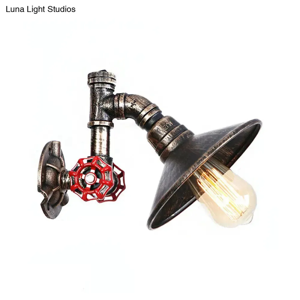 Rustic Aged Bronze Wall Sconce with Flared Shade - Metal Pipe and Valve Accent - 1 Light Corridor Lamp