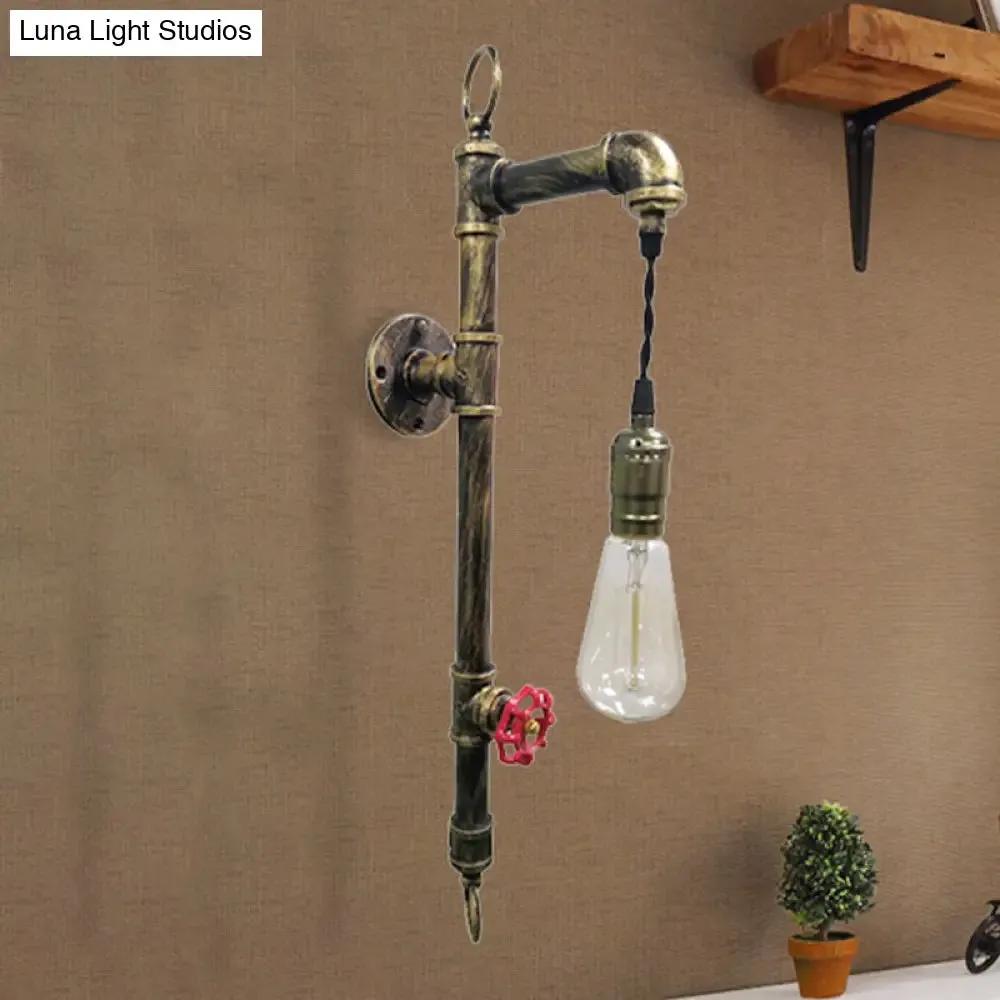 Rustic Antique Brass Pipe Wall Sconce with Industrial Iron and Hanging Bulb for Living Room