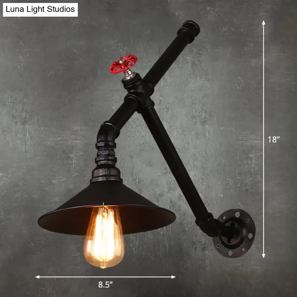 Rustic Iron Cone Wall Lamp - Water Valve Restaurant Wall Light with 1 Bulb in Black