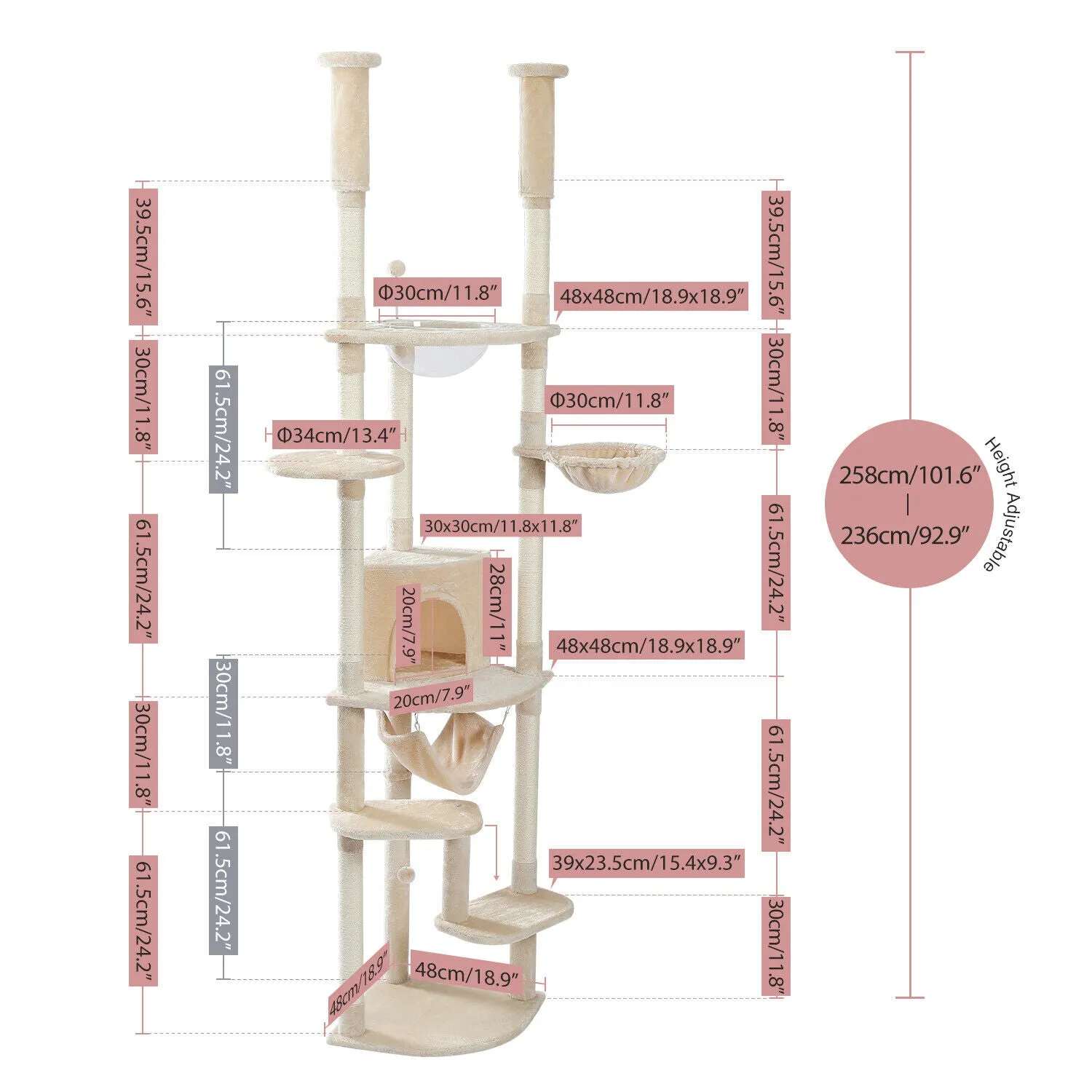 Scratching Post Floor to Ceiling Height Adjustable Cat Tree/Tower