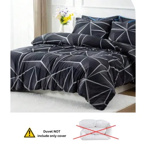 Single Size 4 pieces Black with Grey Geometric Design Duvet cover set.