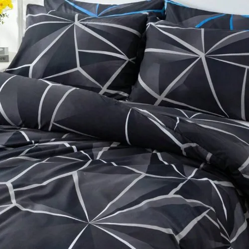 Single Size 4 pieces Black with Grey Geometric Design Duvet cover set.