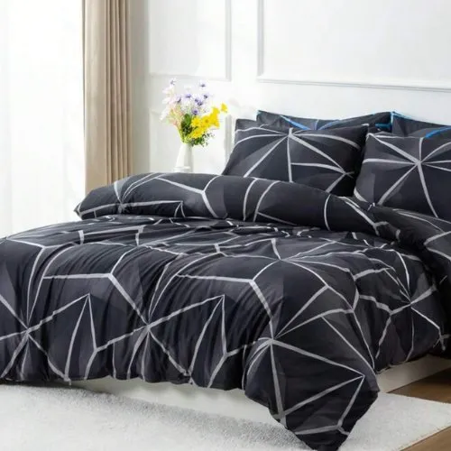 Single Size 4 pieces Black with Grey Geometric Design Duvet cover set.