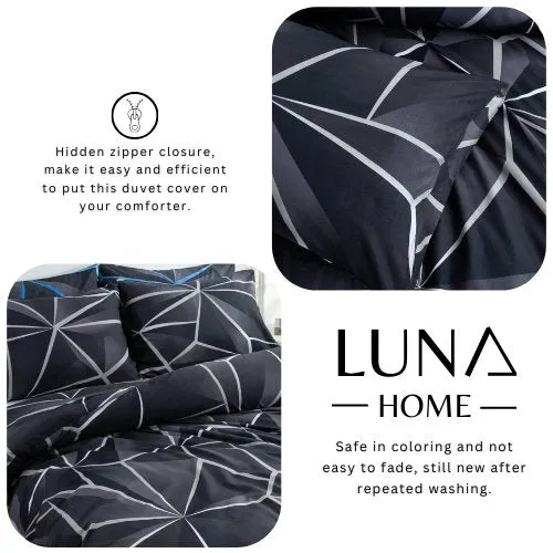 Single Size 4 pieces Black with Grey Geometric Design Duvet cover set.