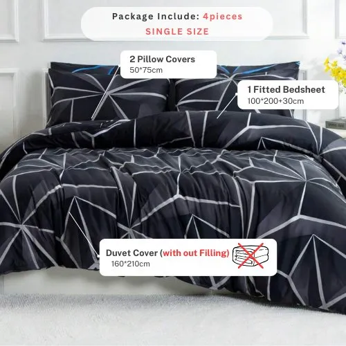 Single Size 4 pieces Black with Grey Geometric Design Duvet cover set.