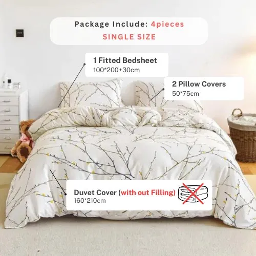 Single Size 4 Pieces Twigs Print Duvet Cover Set, Beige color.