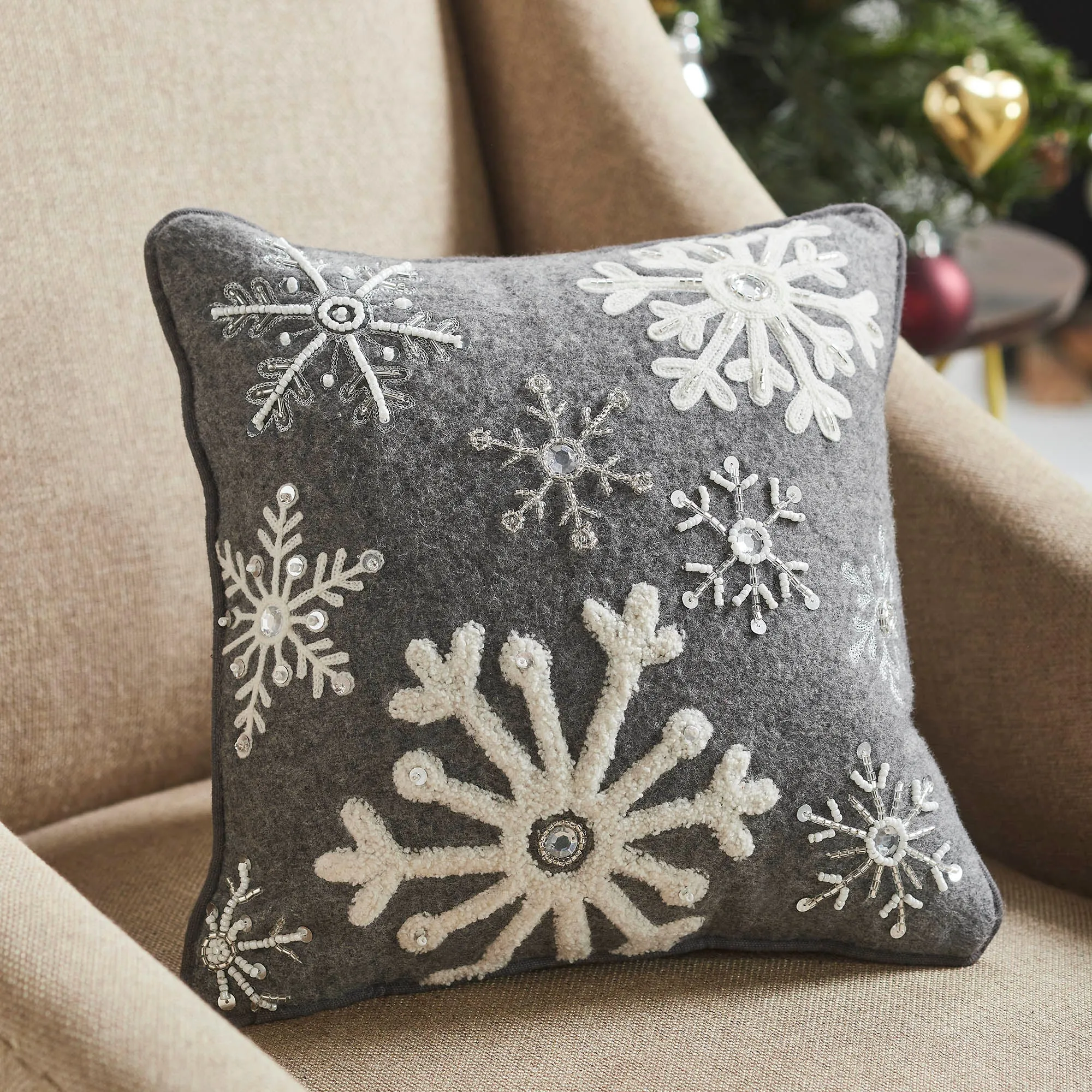 Snowflakes Grey Woolen Felt Pillow 12x12