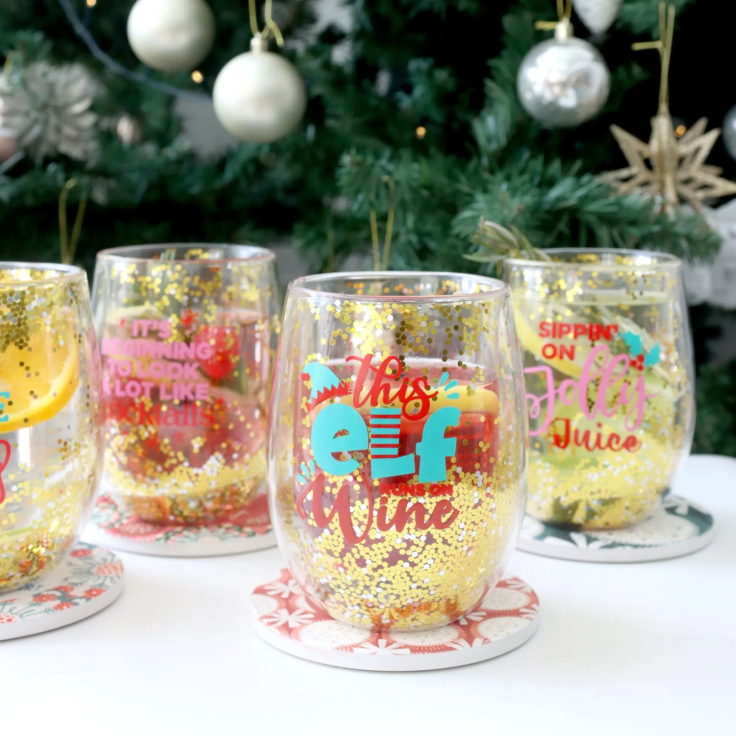 Splosh Stemless Christmas Wine Glass - Christmas Elf