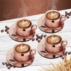 Stainless Steel 4 PCS Double Wall Cup and Saucer with Rose Gold PVD Coating & Laser First Impression