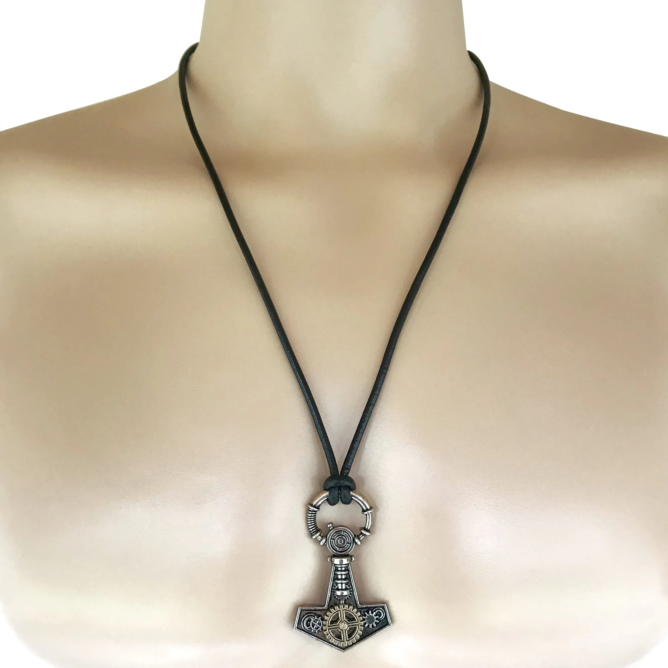 Steampunk Thor's Hammer Mjolnir Pewter Pendant on Black Leather Cord Men's Necklace, 26"