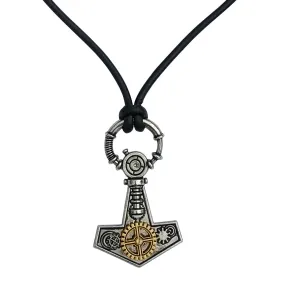 Steampunk Thor's Hammer Mjolnir Pewter Pendant on Black Leather Cord Men's Necklace, 26"