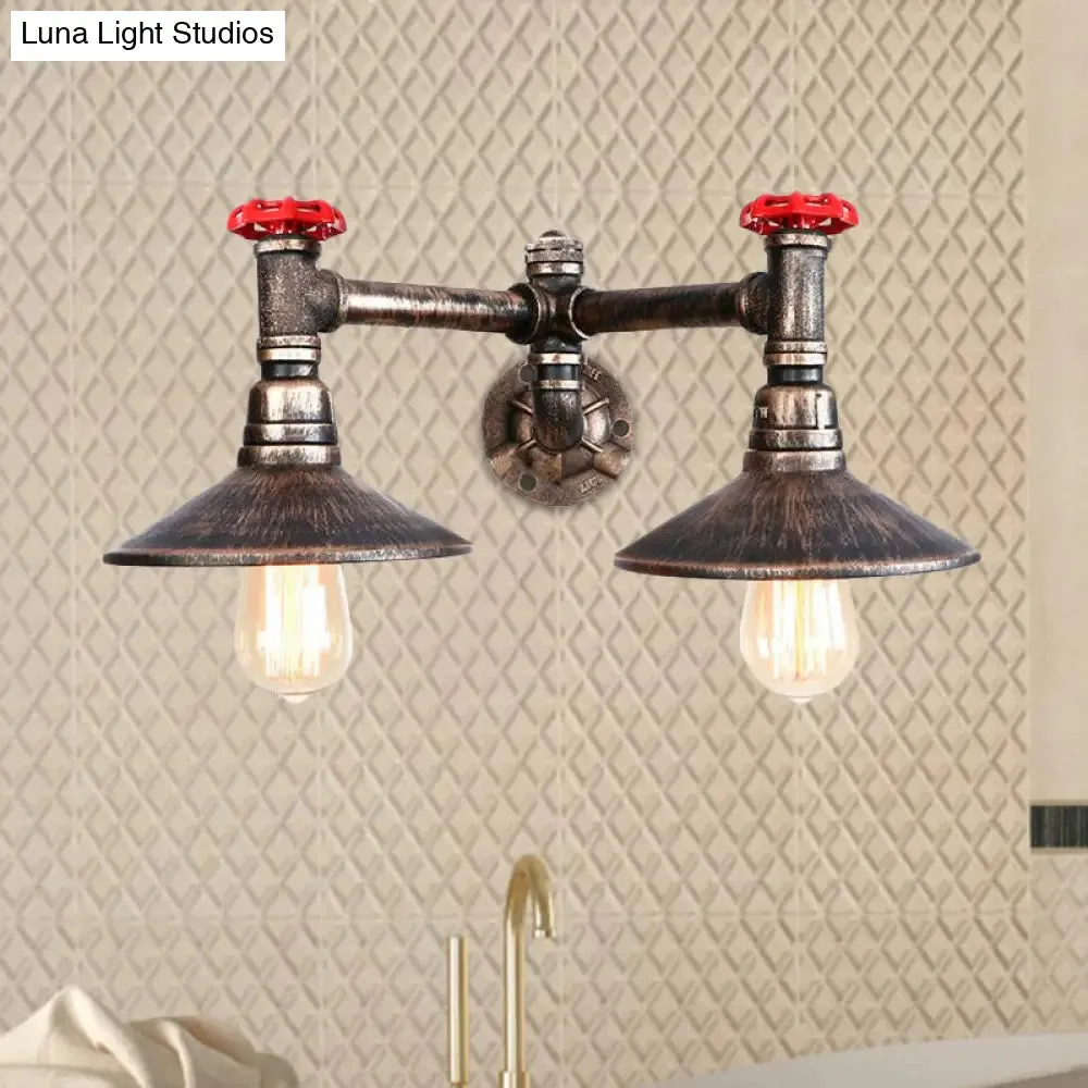 Steampunk Wrought Iron Wall Sconce - Weathered Bronze, 2 Bulbs, Cone Shade, Red Valve