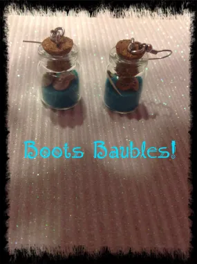 Teal beach sand seashell glass bottle earrings