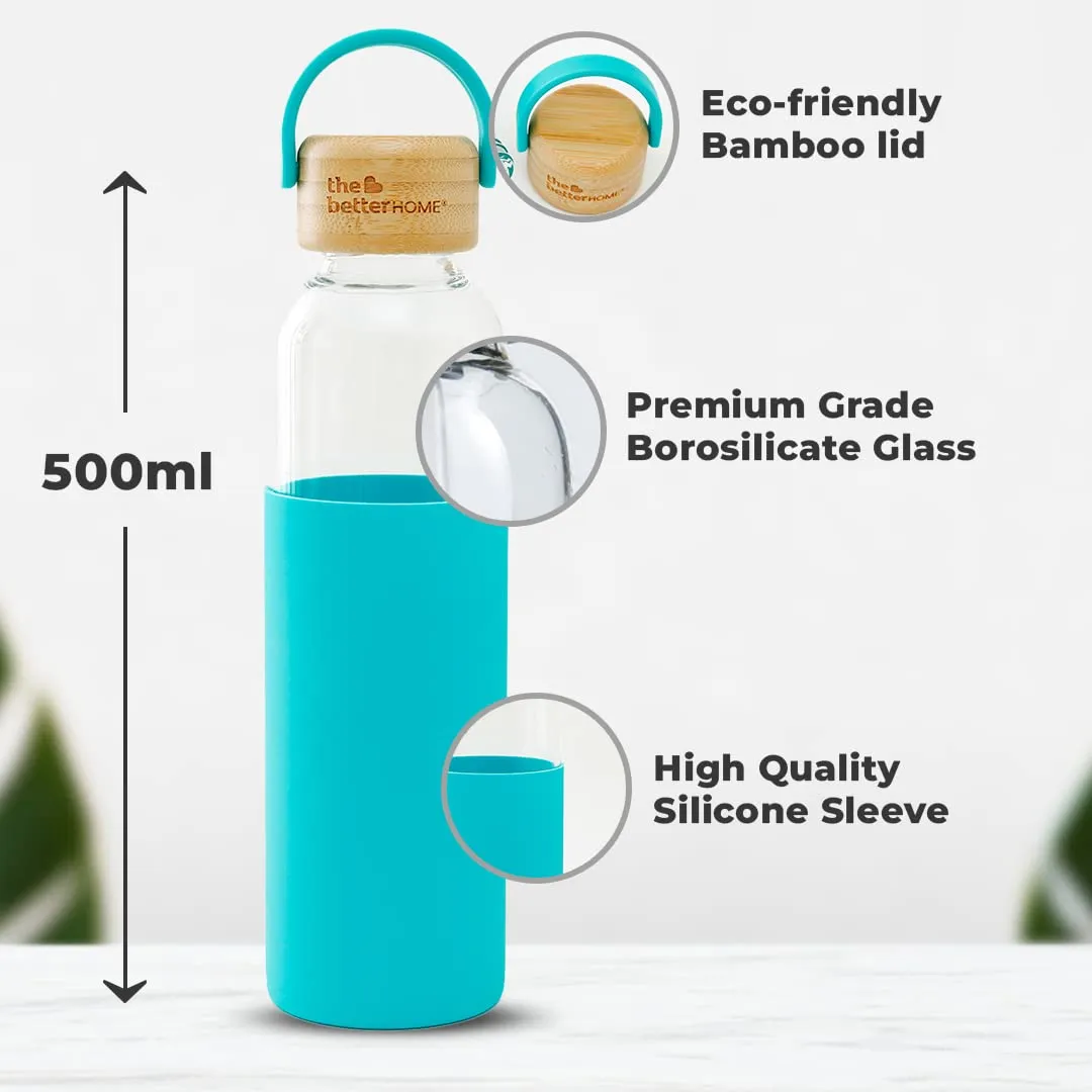 The Better Home Borosilicate Glass Water Bottle with Sleeve (500ml) | Non Slip Silicon Sleeve & Bamboo Lid | Water Bottles for Fridge | Light Blue (Pack of 20)