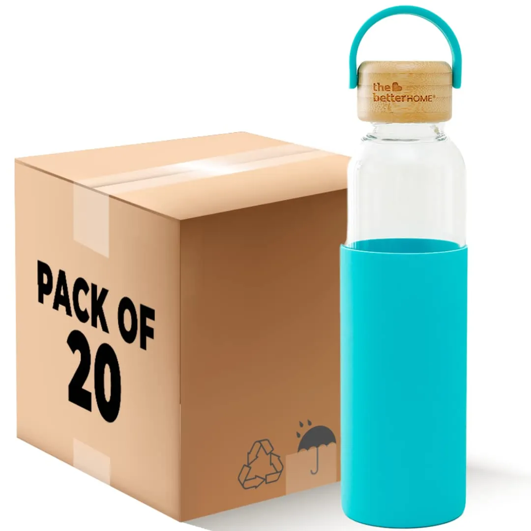 The Better Home Borosilicate Glass Water Bottle with Sleeve (500ml) | Non Slip Silicon Sleeve & Bamboo Lid | Water Bottles for Fridge | Light Blue (Pack of 20)