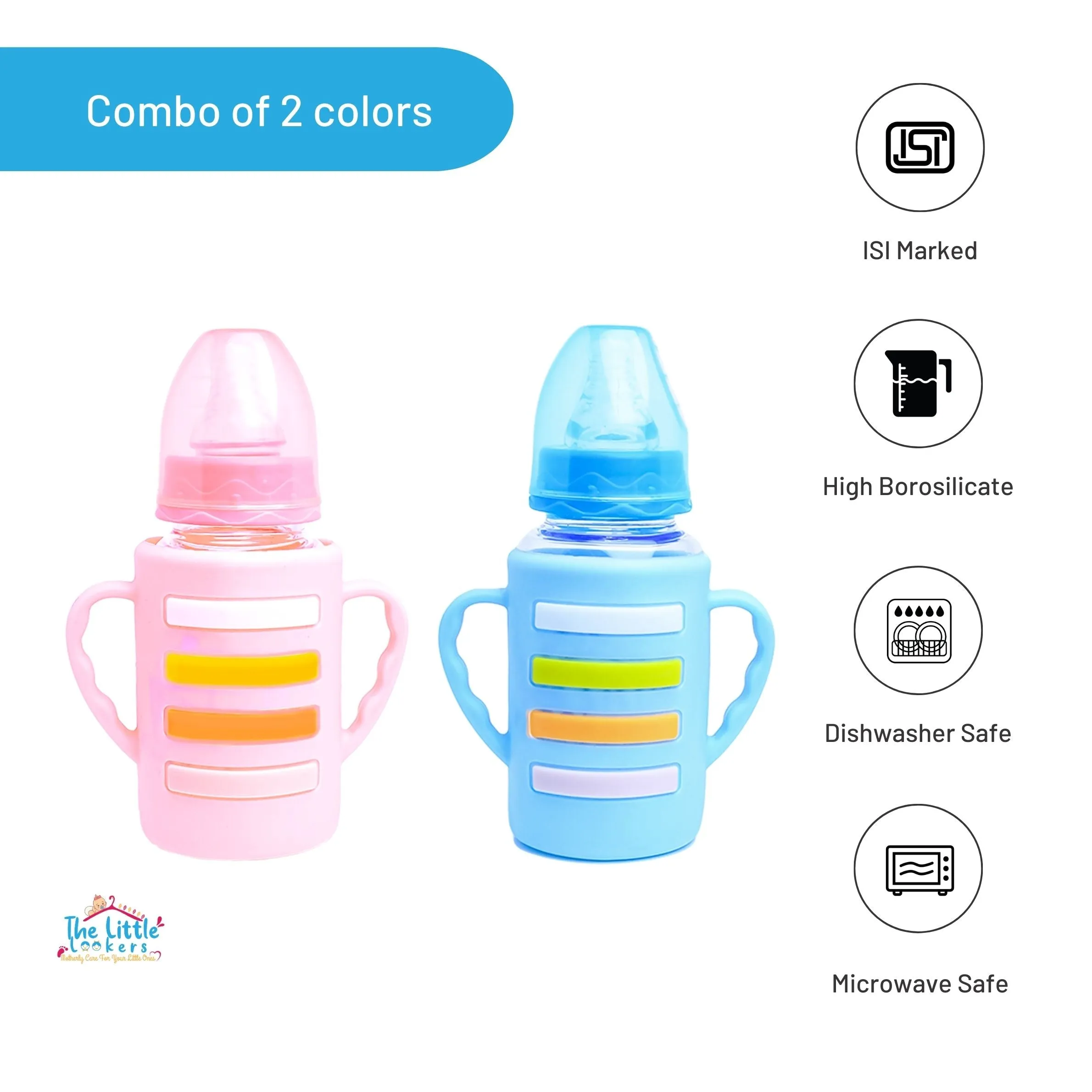 The Little Lookers High Borosilicate Glass Feeding Bottle with Handle Silicon Cover for Baby/Feeder for Newborn | Super Soft Flow Control & Anti Colic Nipple for Infants/Toddlers(Pack of 2)