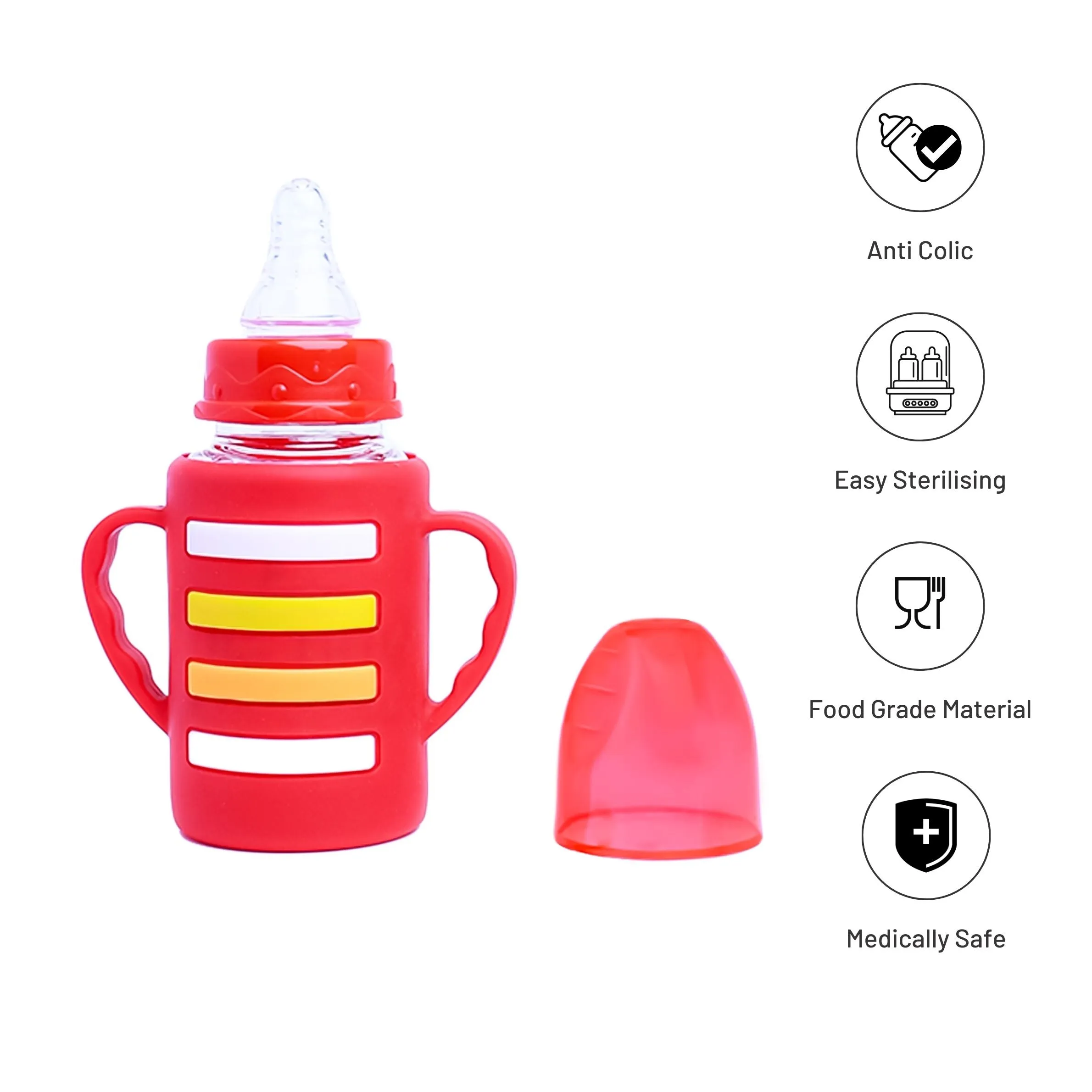 The Little Lookers High Borosilicate Glass Feeding Bottle with Handle Silicon Cover for Baby/Feeder for Newborn | Super Soft Flow Control & Anti Colic Nipple for Infants/Toddlers(Pack of 2)