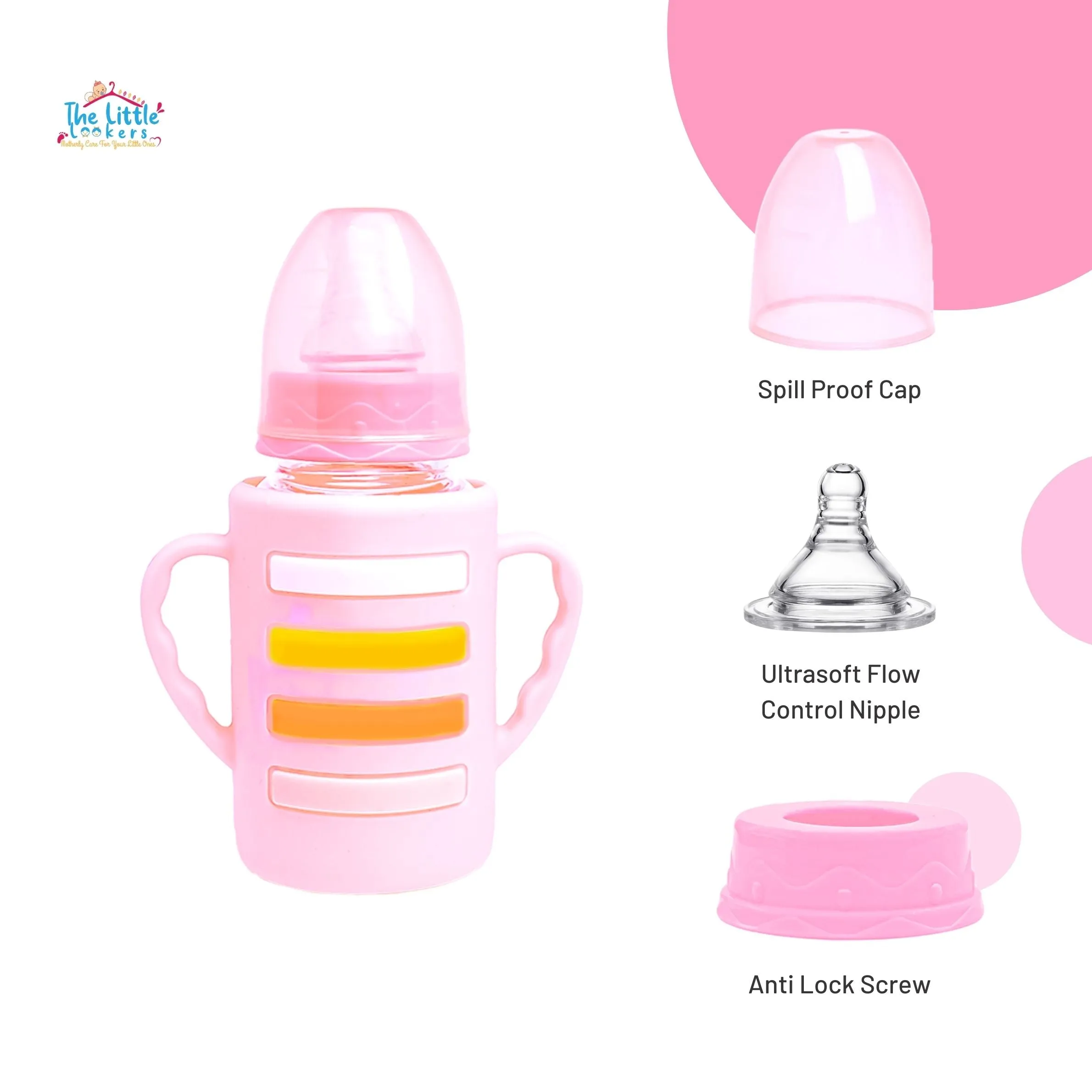 The Little Lookers High Borosilicate Glass Feeding Bottle with Handle Silicon Cover for Baby/Feeder for Newborn | Super Soft Flow Control & Anti Colic Nipple for Infants/Toddlers(Pack of 2)